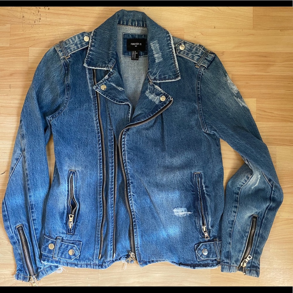Distressed denim moto jacket
